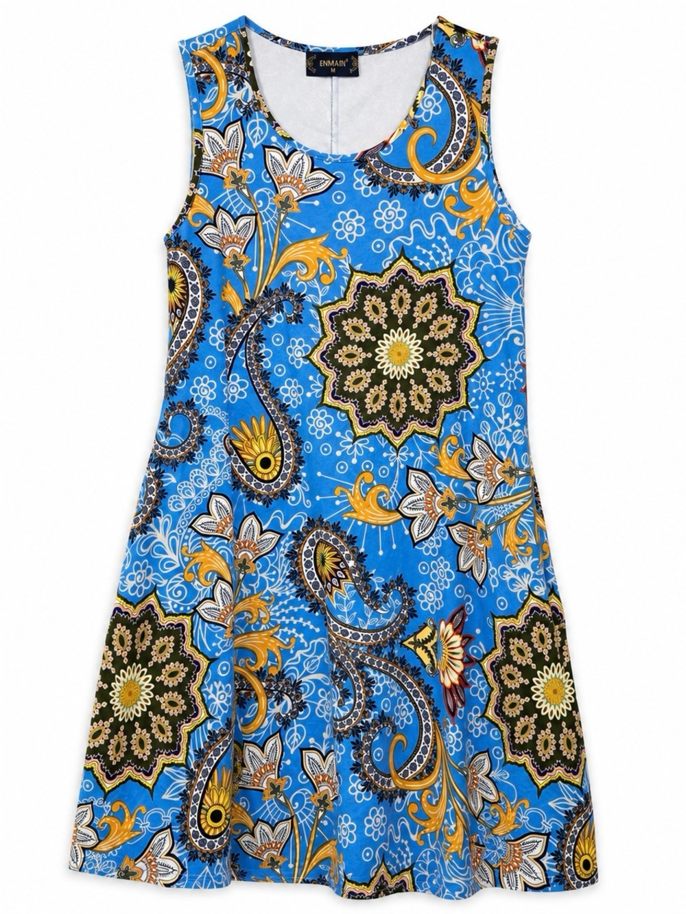ENMAIN Blue Paisley Medallion Pockets Sleeveless Shift Dress Boho Resort Coastal